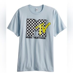 MTV light blue checkered logo tee size M